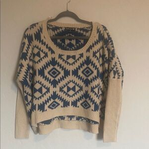 Double Zero Blue and Cream Aztec Geometric Crop Sweater